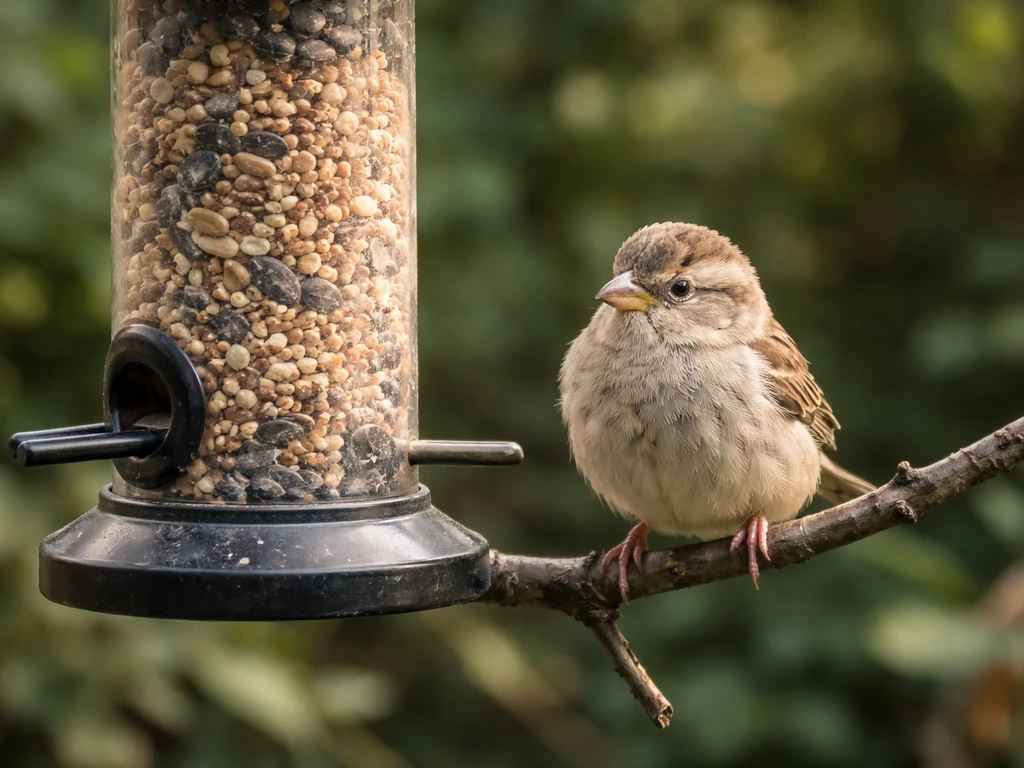 A small sparrow-like bird perched by a backyard feeder in soft natural light