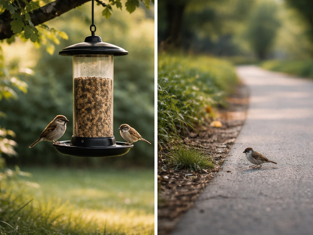 Two micro-scenes of tiny sparrow-like birds: near a backyard feeder and on a quiet park sidewalk