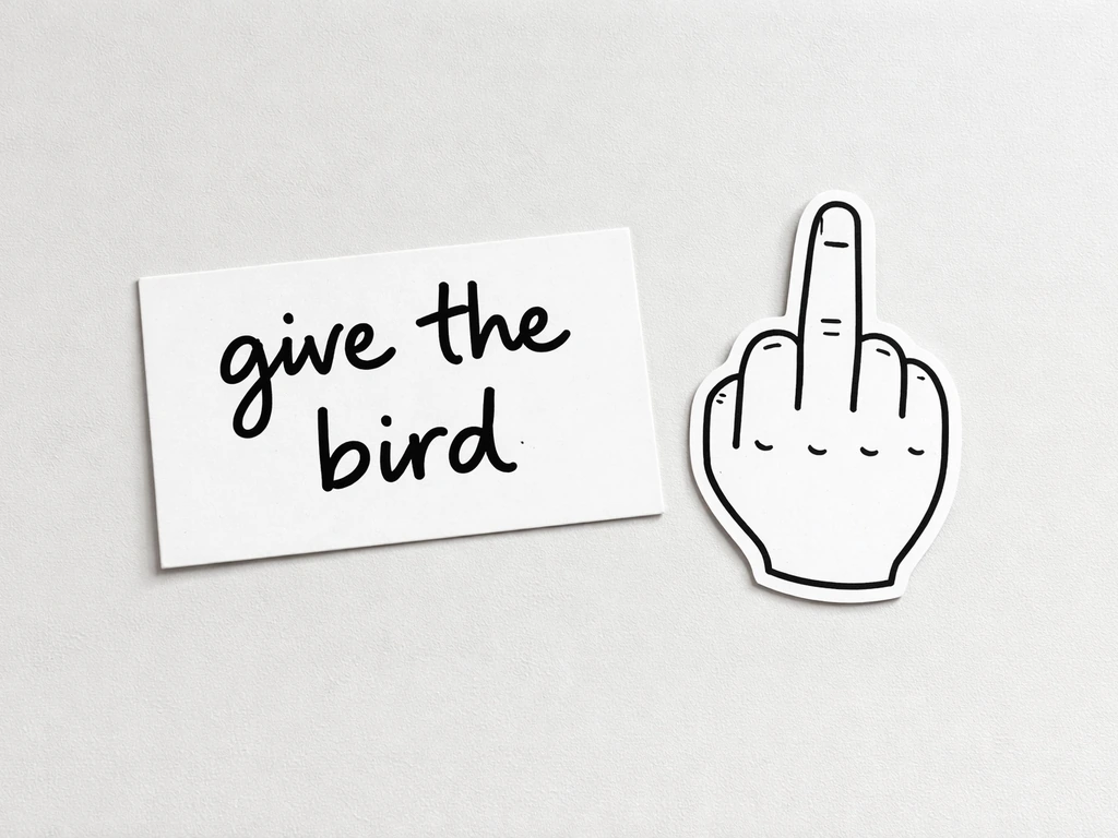 Overhead placard reading “give the bird” beside an outlined middle-finger gesture