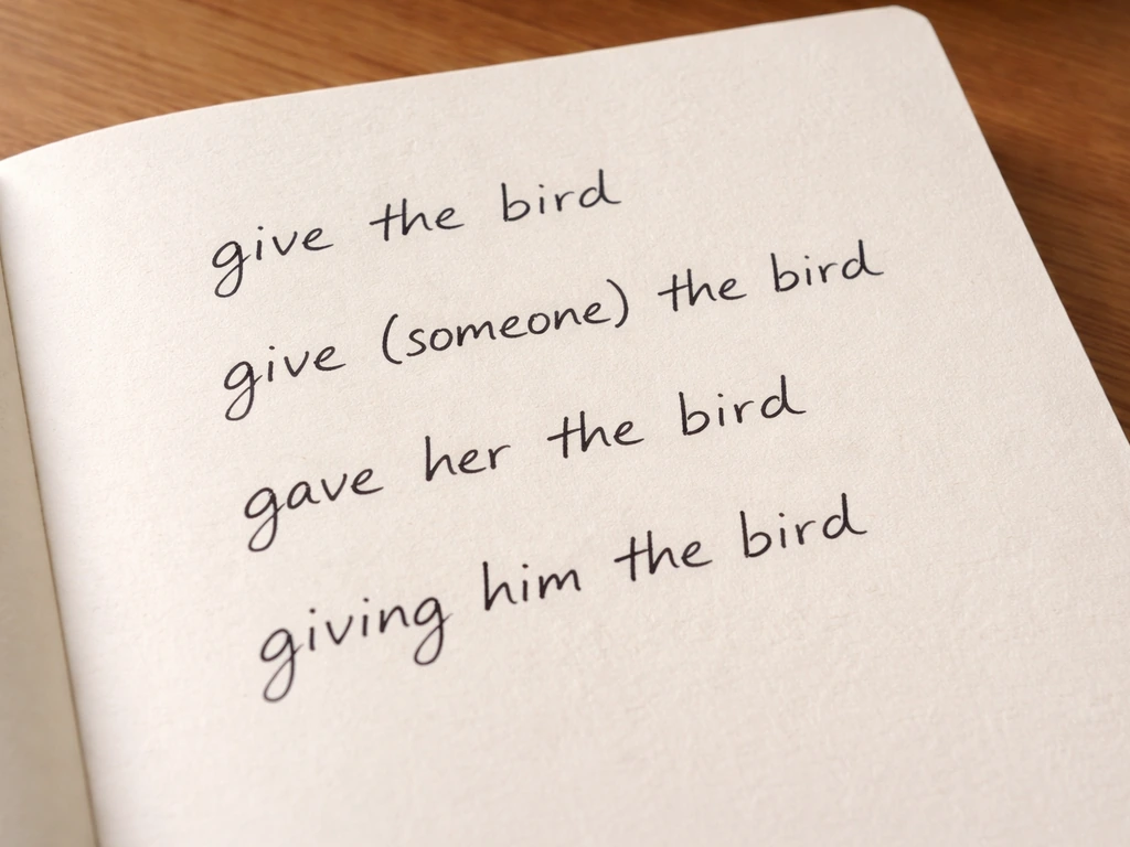 Handwritten-style notes showing idiom variations of “give the bird” on a plain notebook page