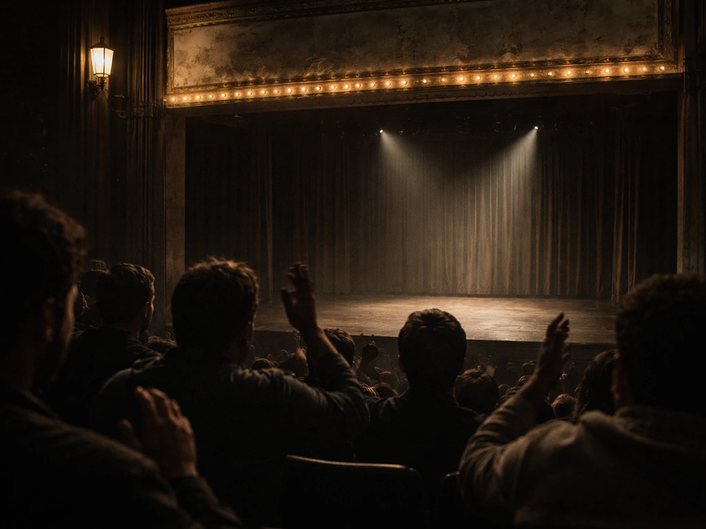 Vintage theater marquee and an empty stage with a tense audience hissing and booing at a bad performance