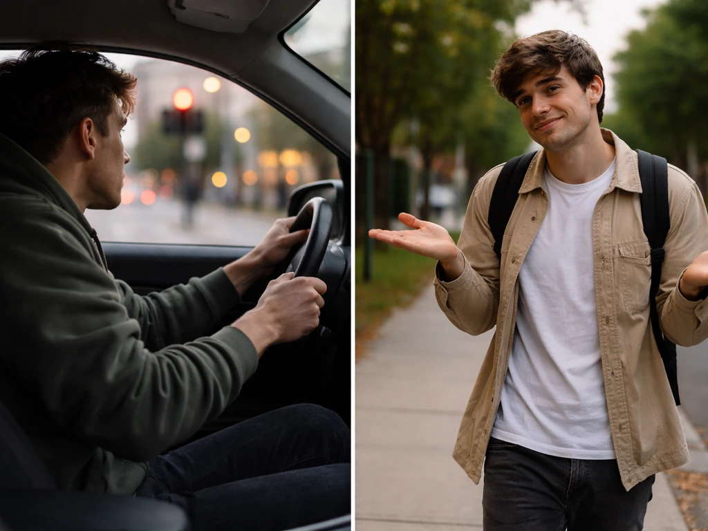 Split-screen style photo of two anonymous scenarios: a tense moment in traffic and a casual playful shrug outdoors.