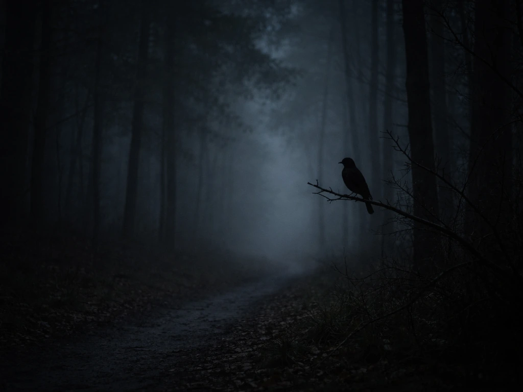 Silhouetted bird perched on a branch at a twilight forest path, mysterious and realistic.