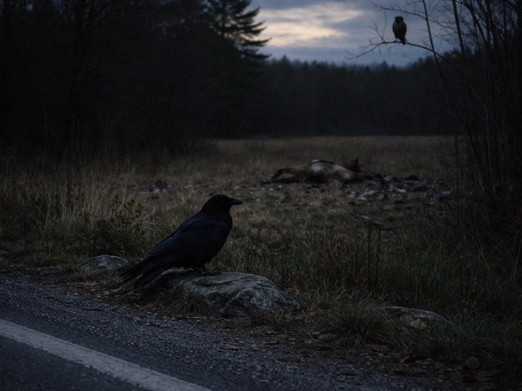 Dusk roadside scene with a dark raven perched near distant carcass area, moody shadows implying death association