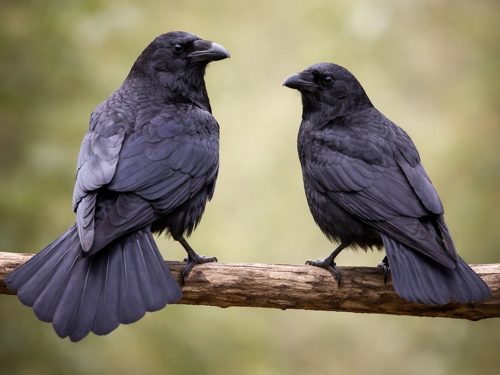 Two birds, a raven and a crow, side-by-side on a branch showing different tail shapes.