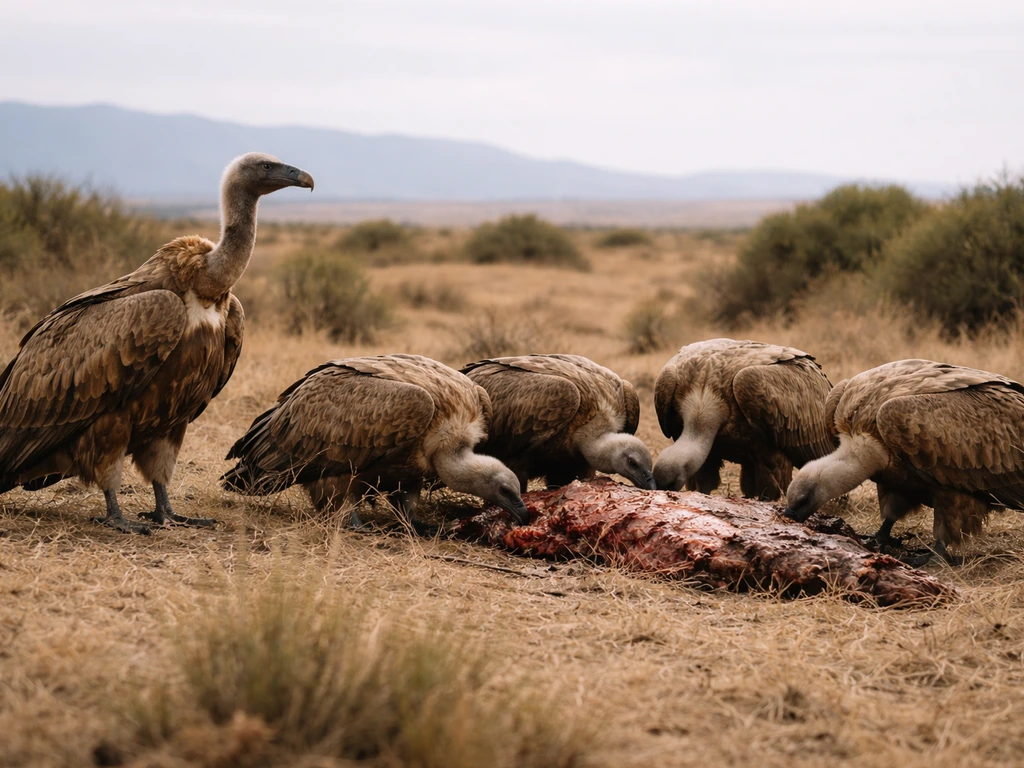 Several vultures scavenging near a carcass in an open natural landscape, feeding at a distance