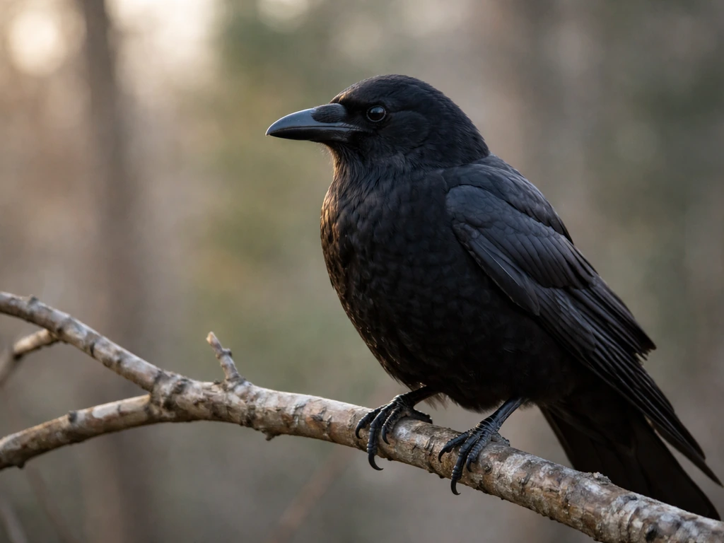 Minimal outdoor scene with a silhouetted crow beside a branch and blurred forest backdrop.