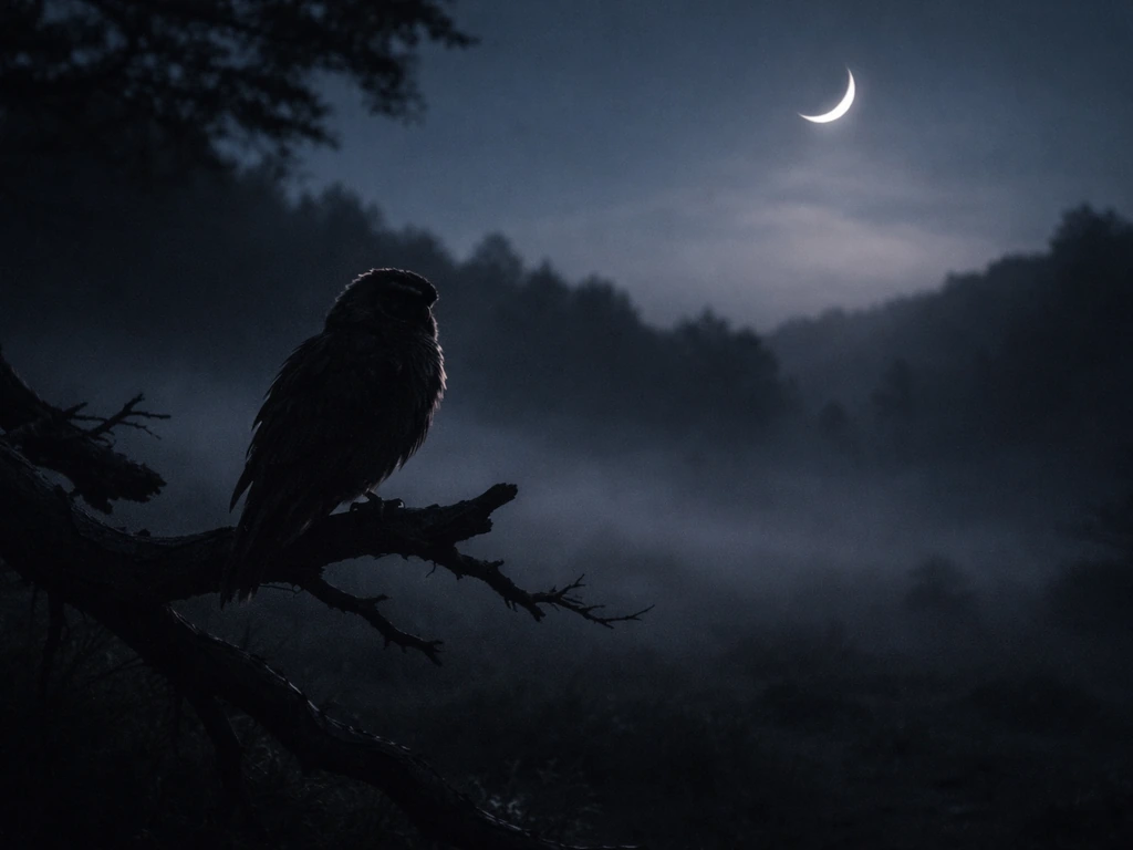 Solitary unusual bird perched on a branch in foggy twilight moonlight, symbolic and ominous mood