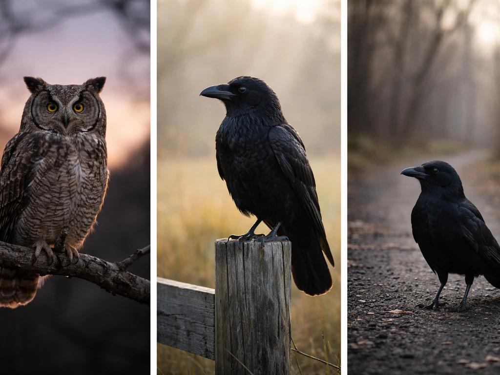 Owl at dusk, raven on a fence, crow on gravel—three birds in a minimal omen-themed photo montage.