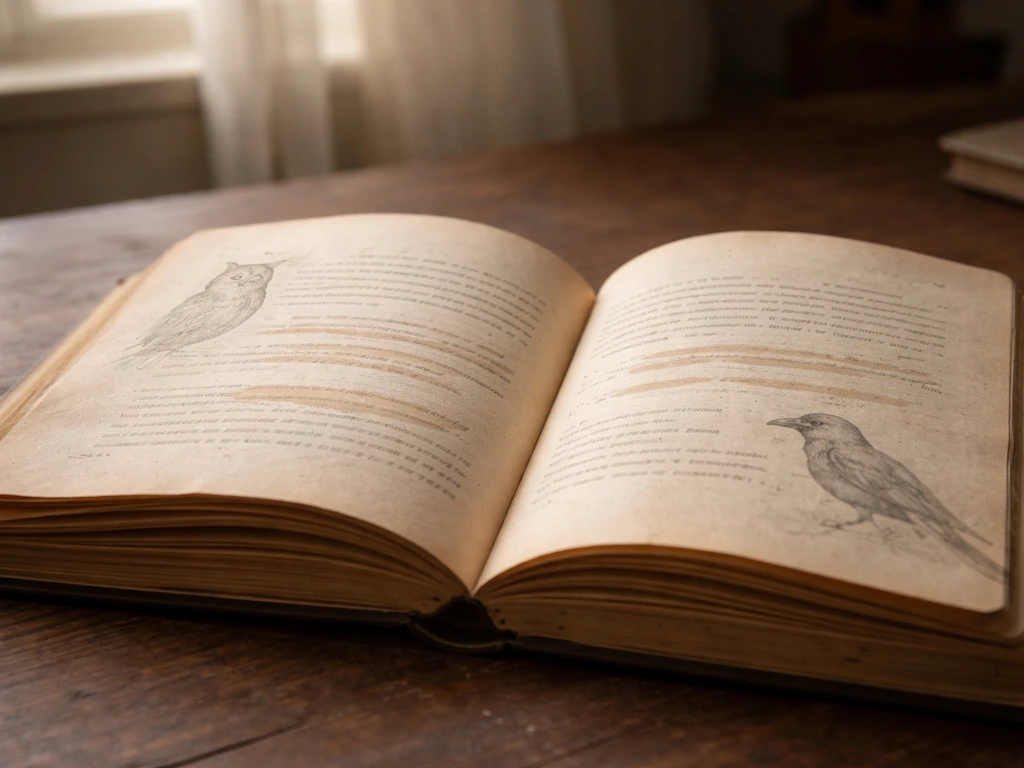 Open vintage book on a wooden desk with faint owl and raven illustrations in highlighted passages.