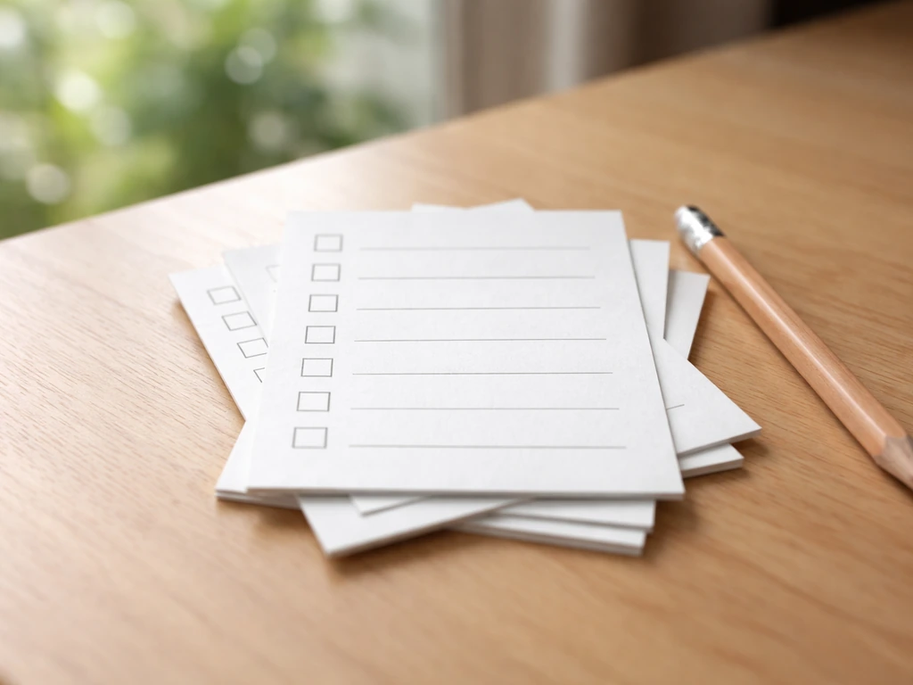 Blank checklist cards and pencil on a wooden desk by a window, minimal and calming light.
