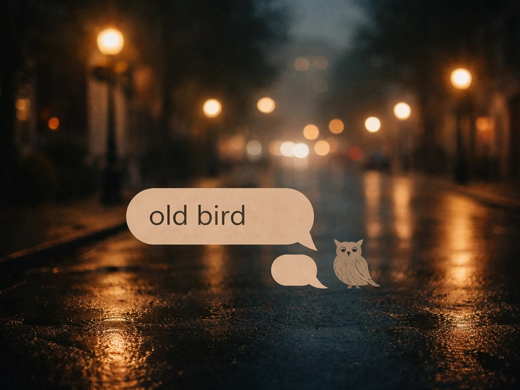 Vintage street scene with anonymous conversation bubble and subtle owl motif hinting at “old bird” slang