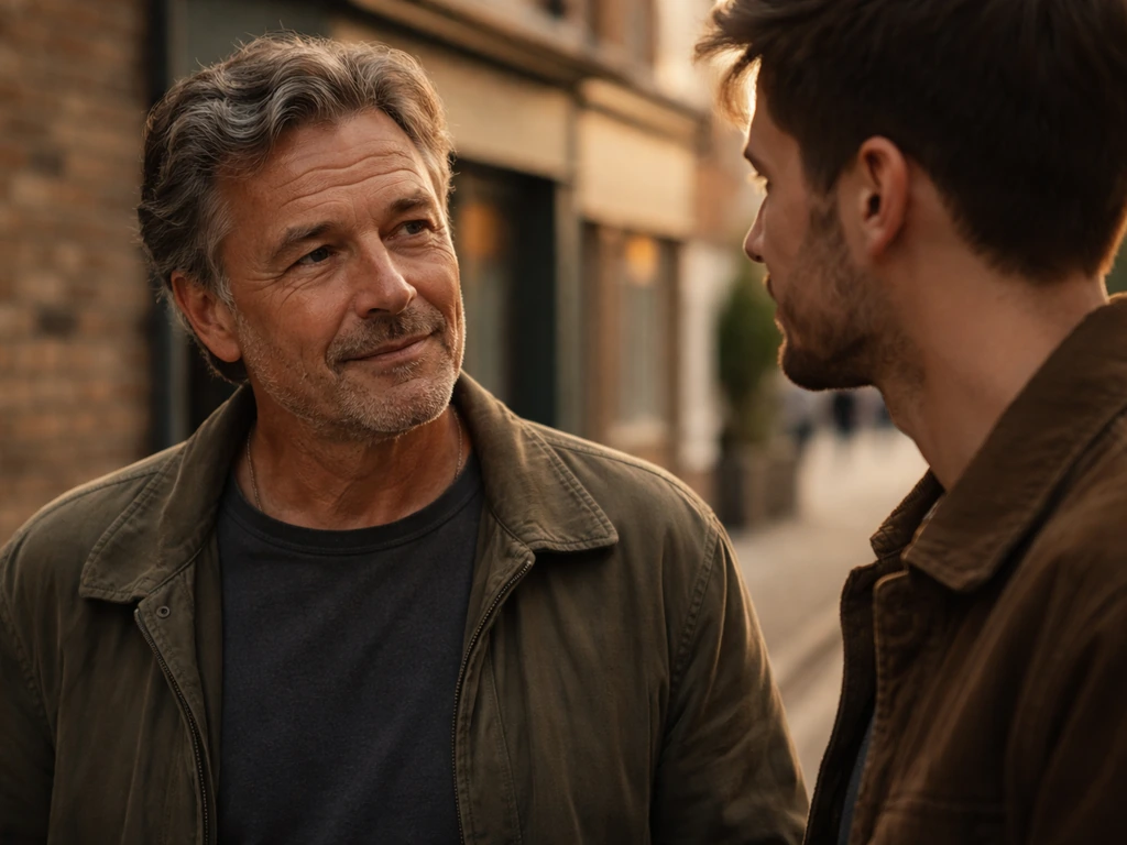 Close-up of two people chatting on a quiet British street, one older and one younger, friendly candid moment