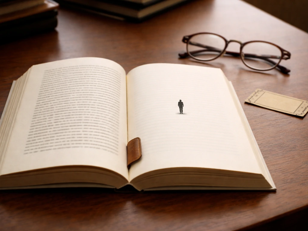 Open book on a wooden desk with a worn bookmark and reading glasses, evoking a named character context.