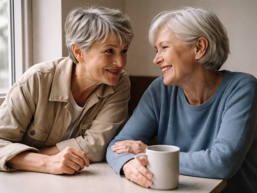 Two people at a quiet cafe table with warm, friendly conversation gestures