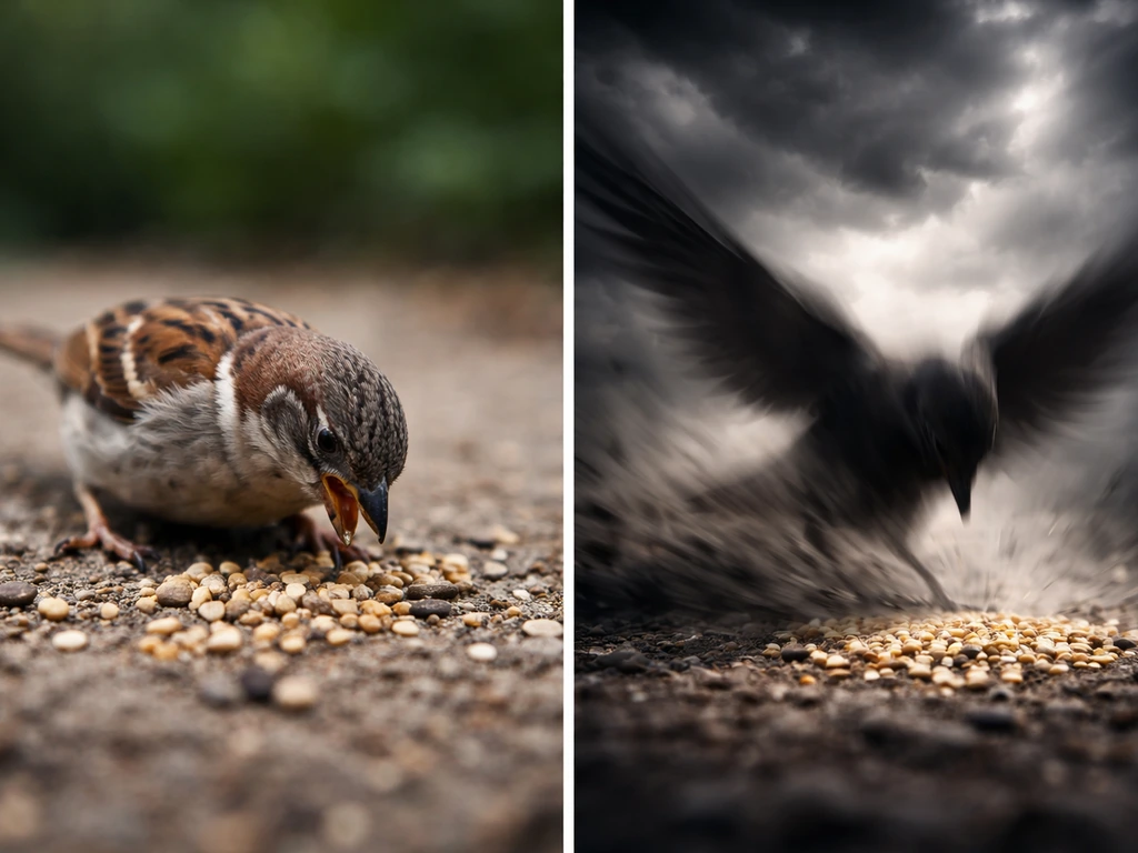 Split-screen of a hungry bird feeding on the left and a stormy ravenous metaphor moment toward food on the right.