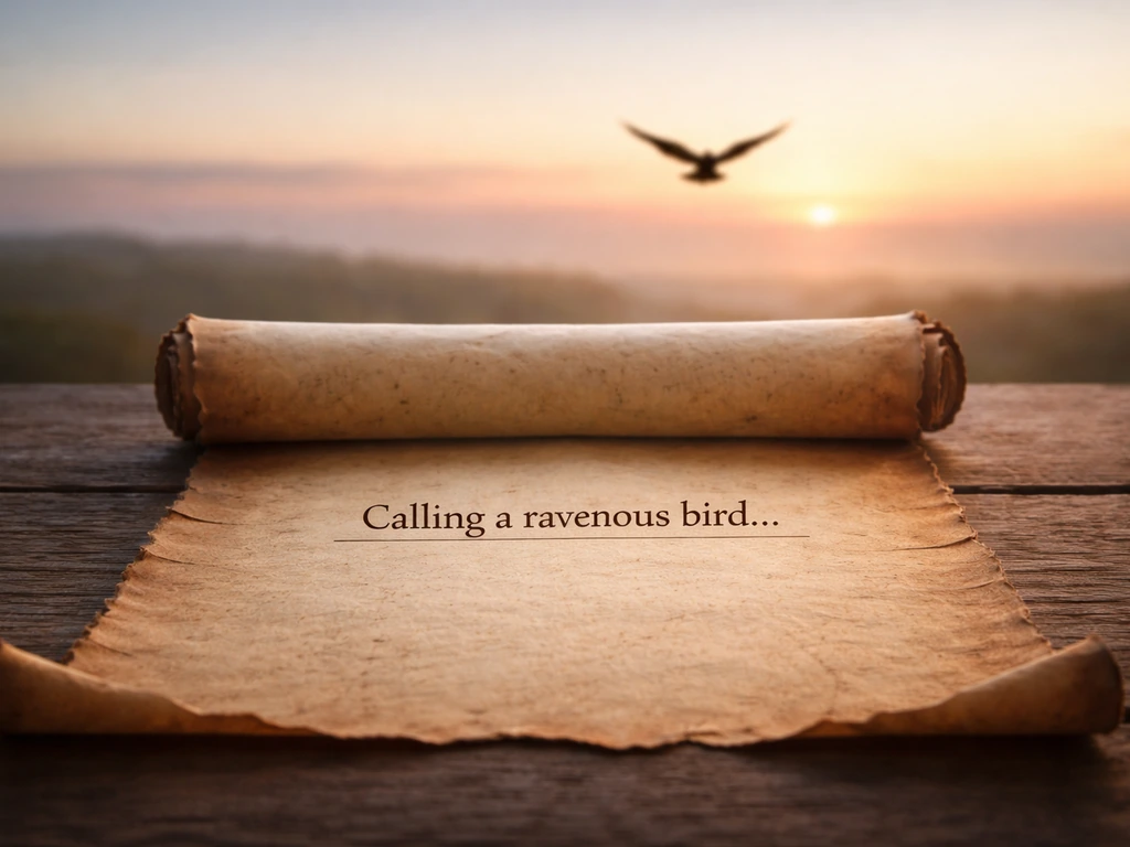Open ancient scroll beside an illuminated sky with a distant bird silhouette, evoking a biblical ravenous bird call.