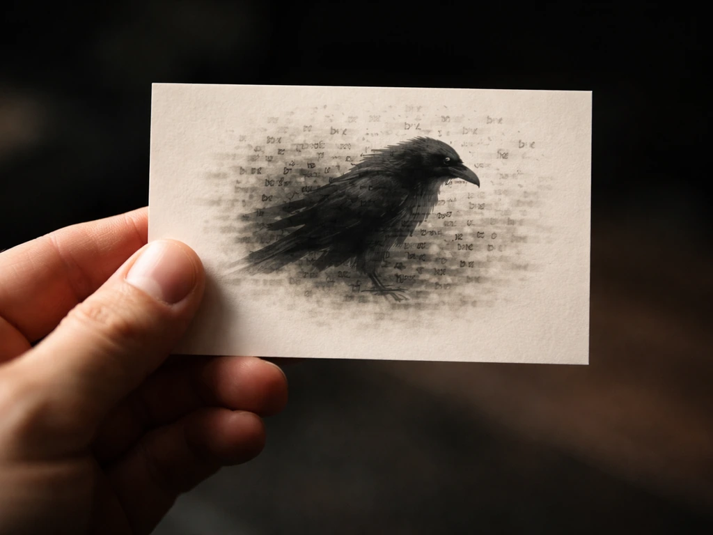 Hand holding a card with an abstract bird silhouette and word-cloud-like shapes symbolizing drive and hunger.