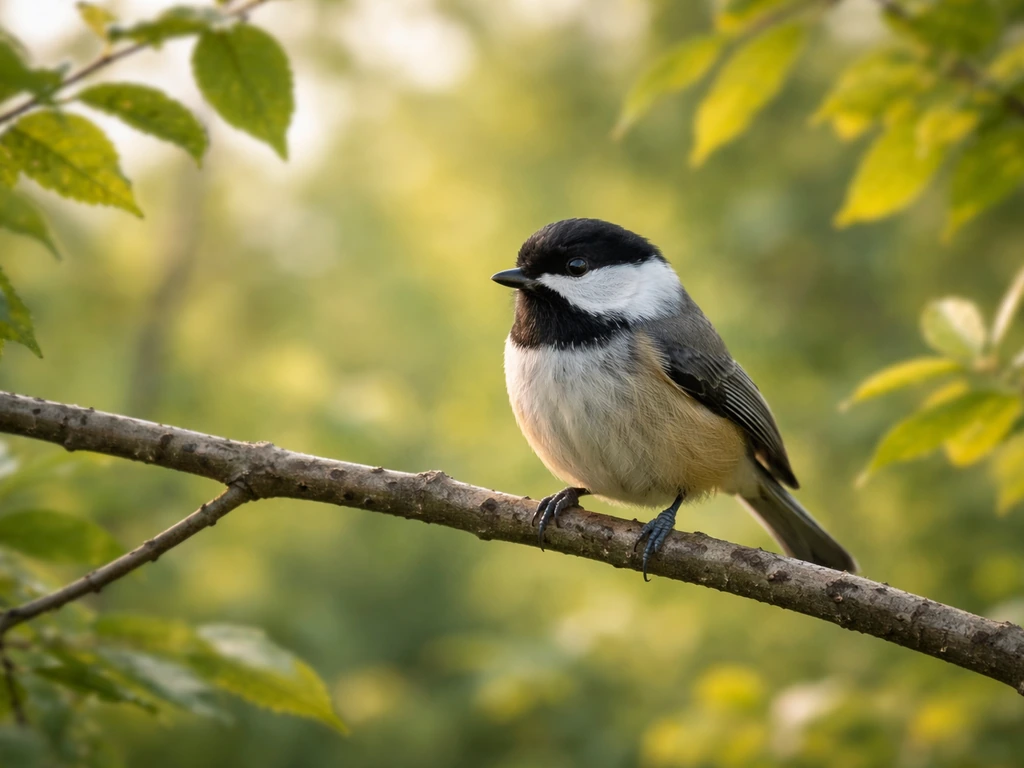 A small real bird perched on a branch in soft daylight in a quiet natural setting.