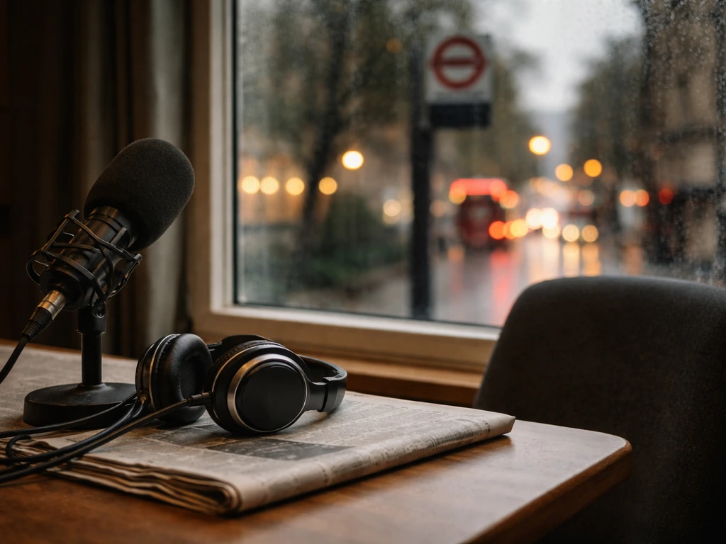 Empty UK media studio desk with a microphone and rain-lit London street vibe through a window.