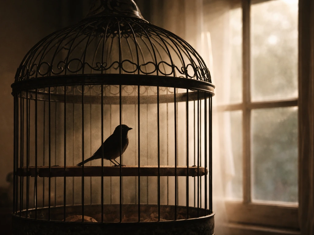 A small bird perched inside a cage by a sunlit window, symbolizing confinement and voice.