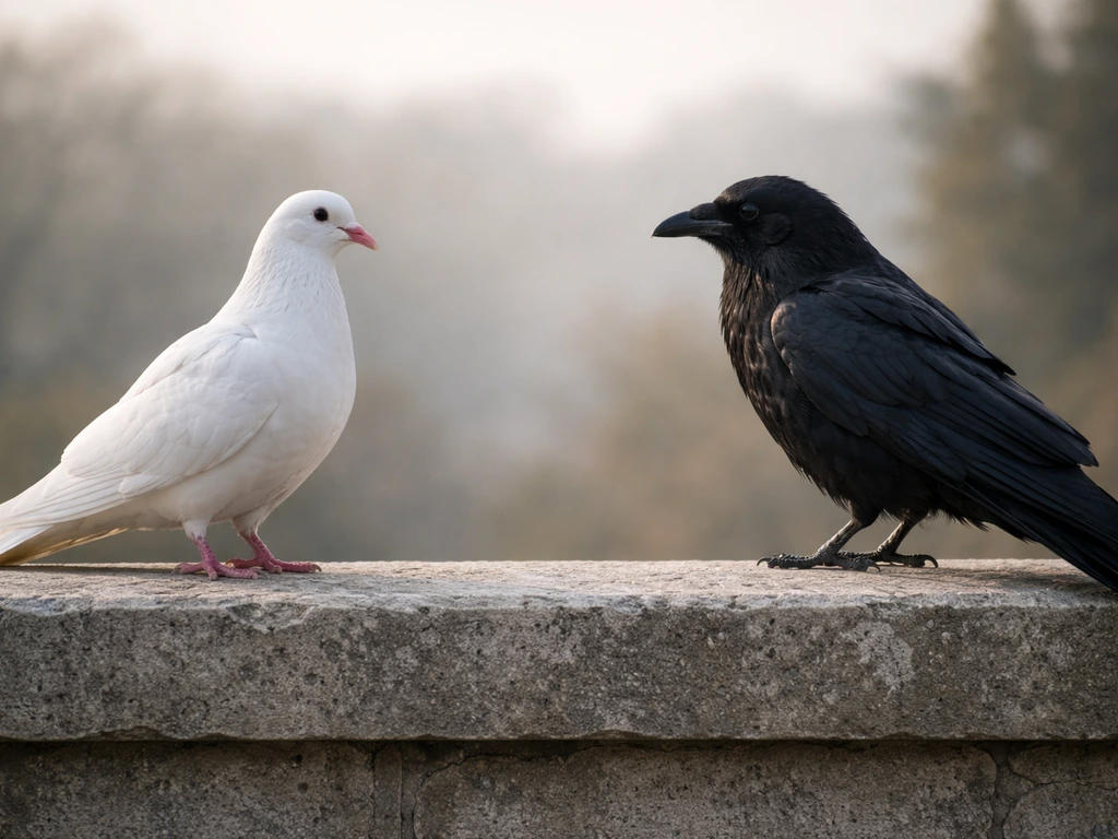 A white dove and a black raven perched separately on a quiet stone ledge in soft morning light.