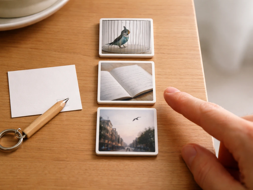 Close-up of a simplified desk checklist with three small photo tiles: a pet bird, an open notebook of idioms, and a city