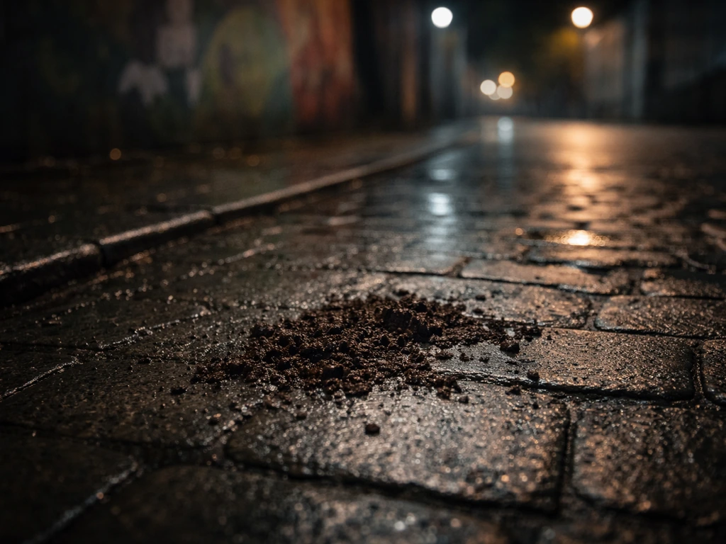 Moody cobblestone street with dark muddy smear splatter, gritty teasing vibe, no people or text.