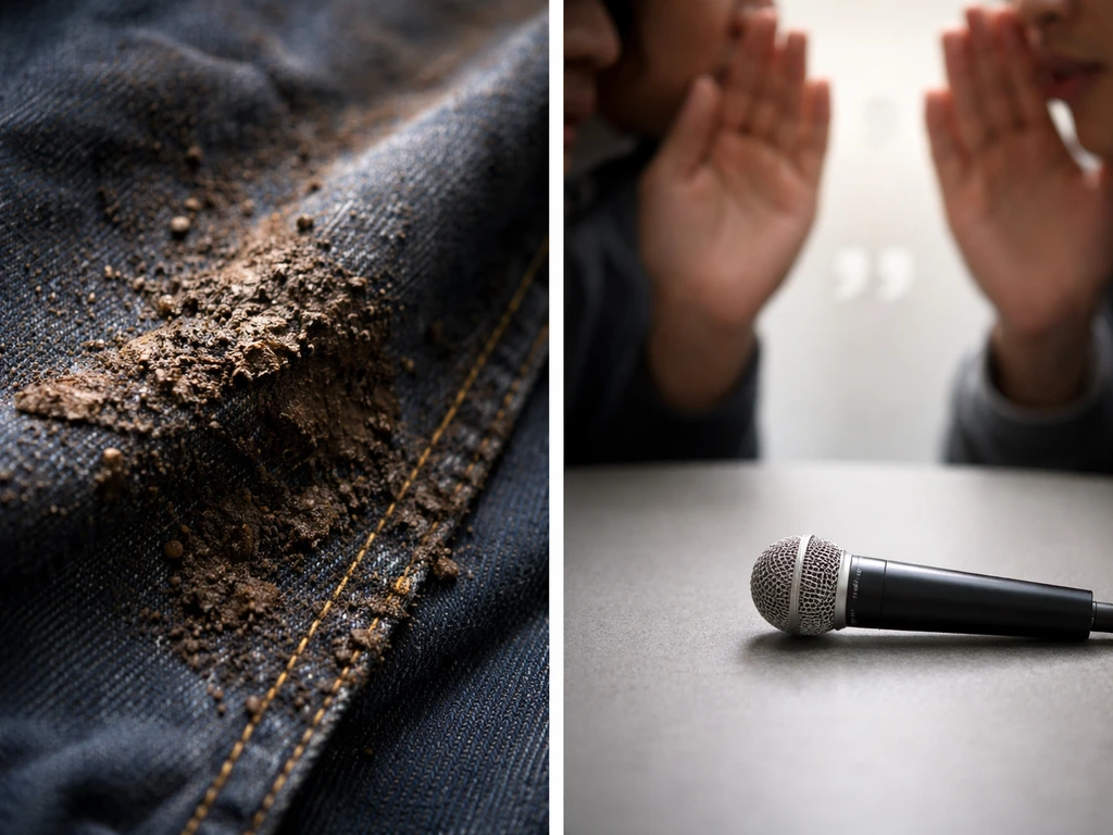 Left: close-up mud stain on denim. Right: grey tabletop with microphone and teasing-speech vibe, no text.