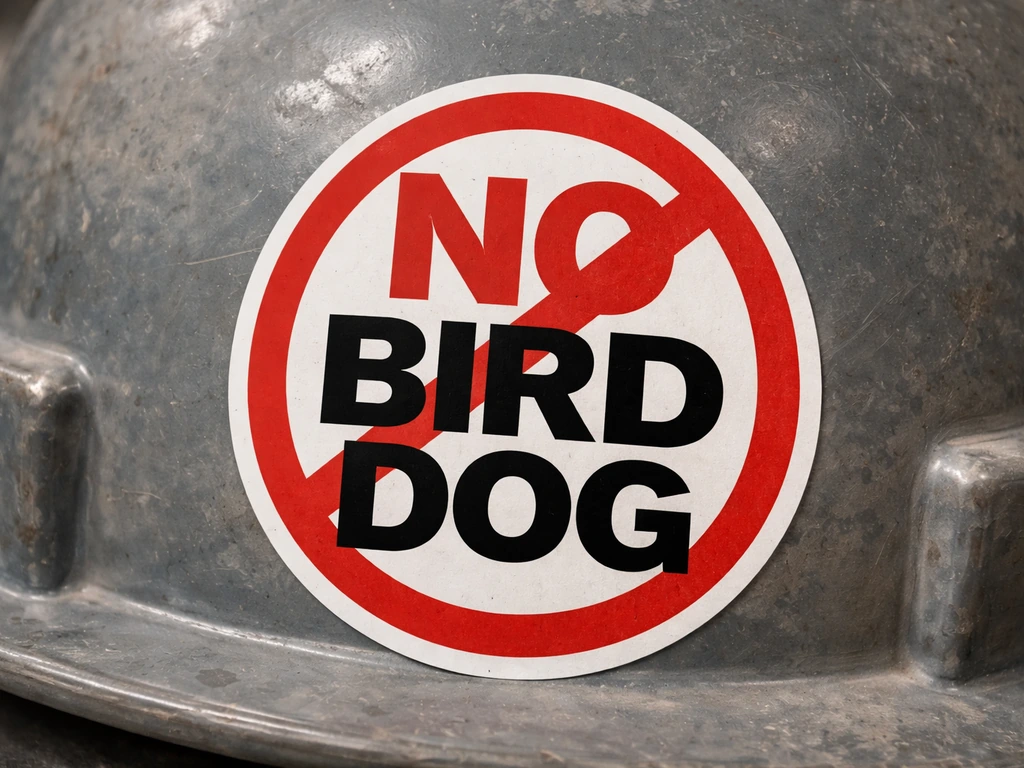 Close-up of a “NO BIRD DOG” sticker on a hardhat or toolbox with sharp readable text.
