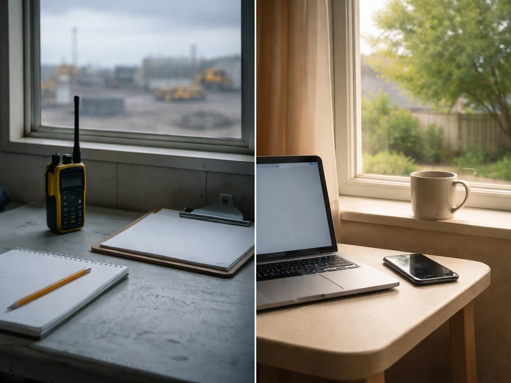 Split scene: anonymous office desk with mic and documents vs. quiet suburban patio with phone, hinting shifting “bird do