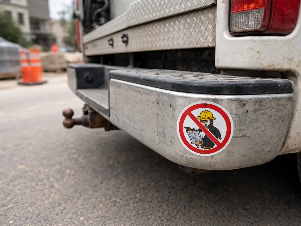No Bird Dog anti-surveillance sticker on the bumper of a work truck in a street jobsite setting