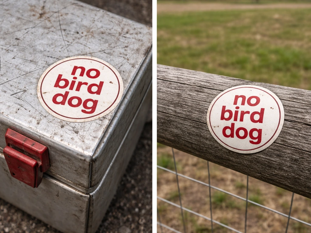 Minimal collage showing “no bird dog” on a sticker across a worksite toolbox and a rural fence setting.