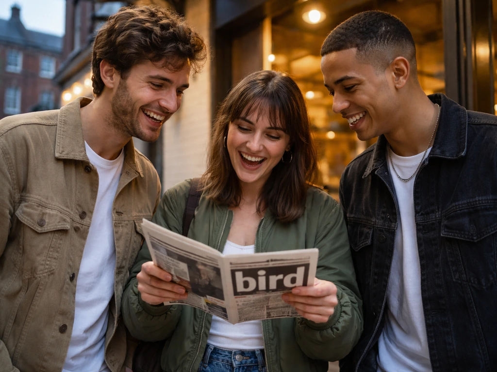 Three friends chatting on a London street, one points at a magazine page with “bird” highlighted