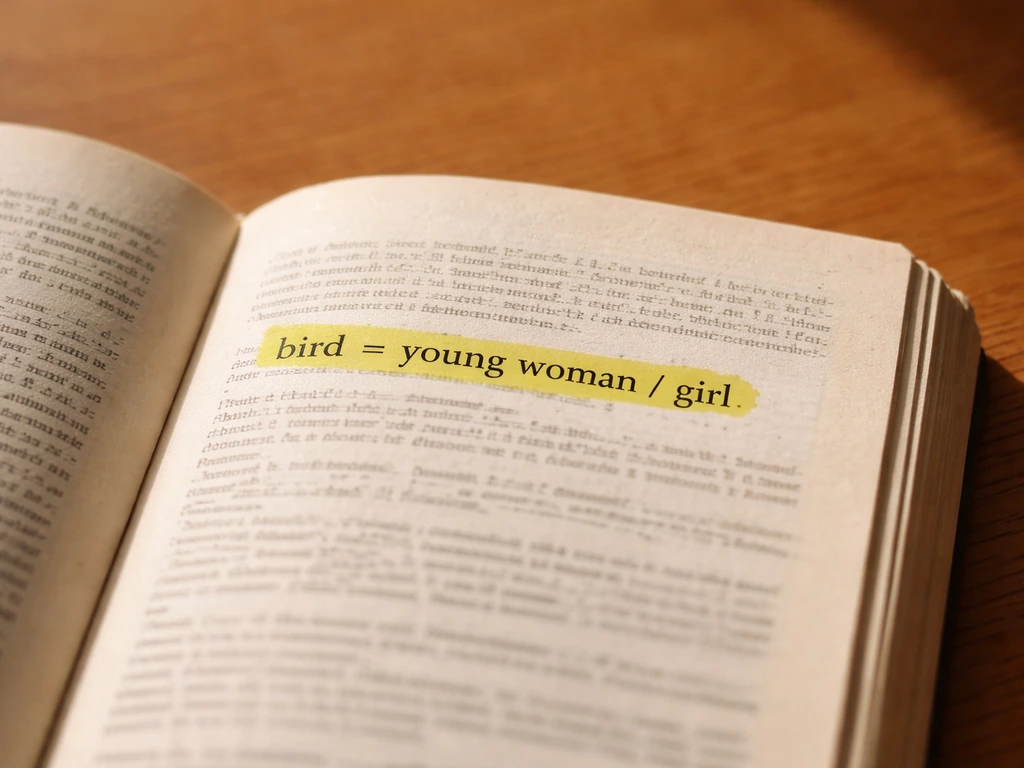 Close-up of an open slang dictionary page with “bird = young woman / girl” highlighted.