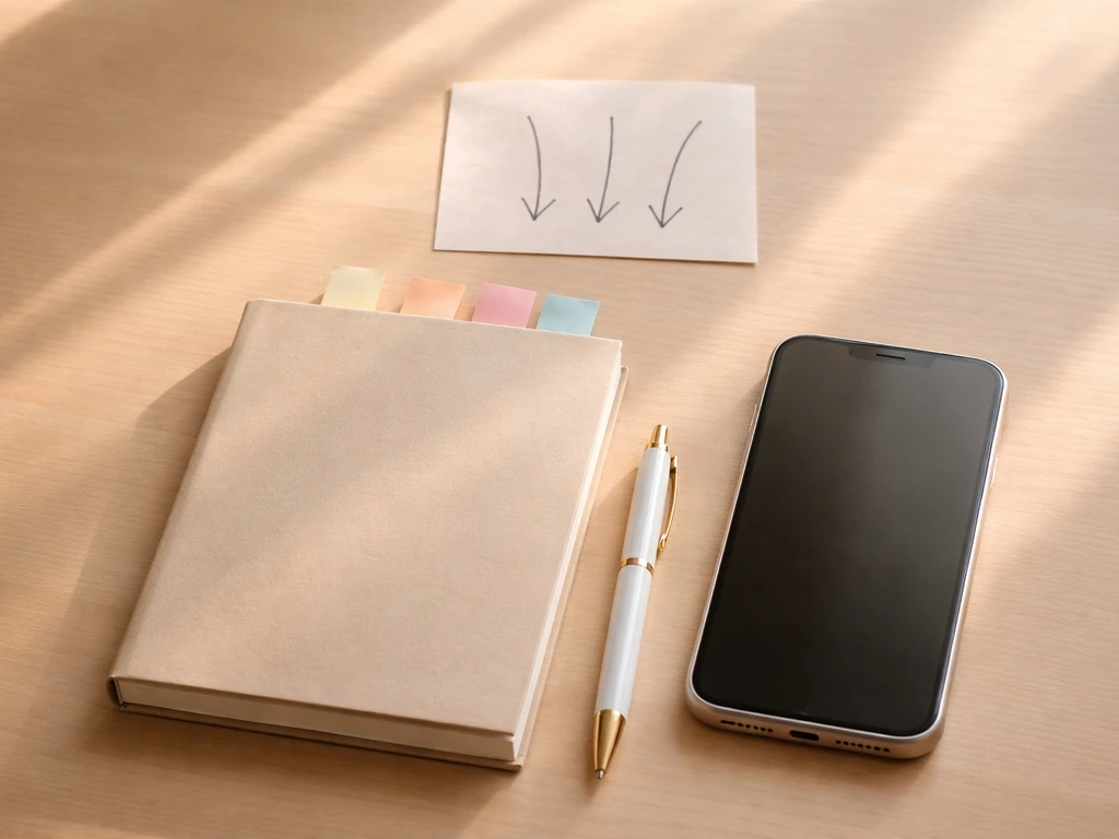 Minimal desk with notebook, phone, and sticky-note checklist showing tone and relationship checks without text.