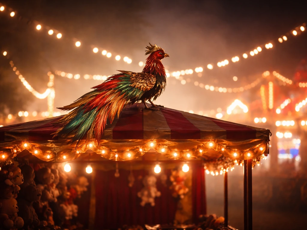 Colorful carnival scene with a bright feathered bird motif near lights and soft crowd bokeh
