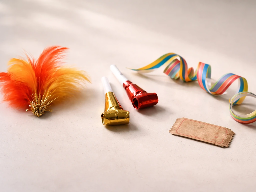 Minimal photo of carnival feathers, party noise makers, and a blank-text vintage ticket stub on a tabletop.