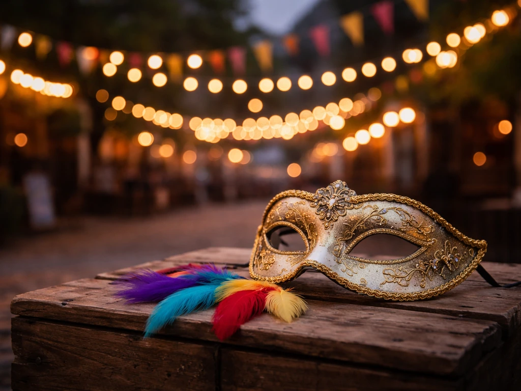 Carnival mask on a crate with scattered feathers, softly lit by string lights at dusk.