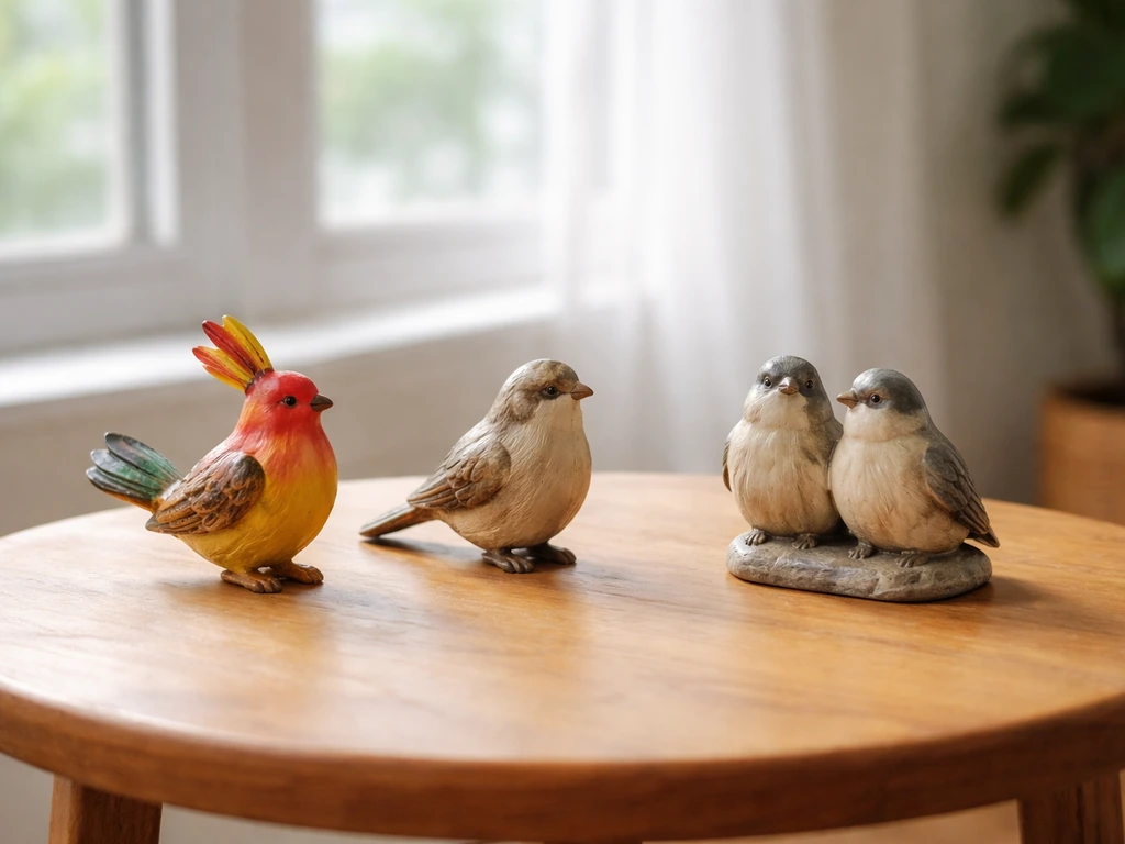 Three small ceramic bird figurines on a windowsill, arranged to suggest different bird idioms.