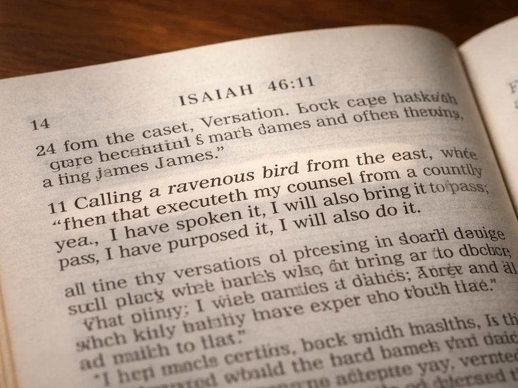 Close-up of an open KJV Bible page showing Isaiah 46:11 with the phrase highlighted by light.