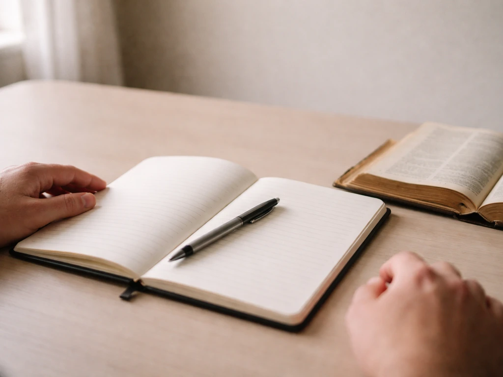 Minimal desk scene with an open notebook and pen near Bible pages, suggesting context clues for word meanings