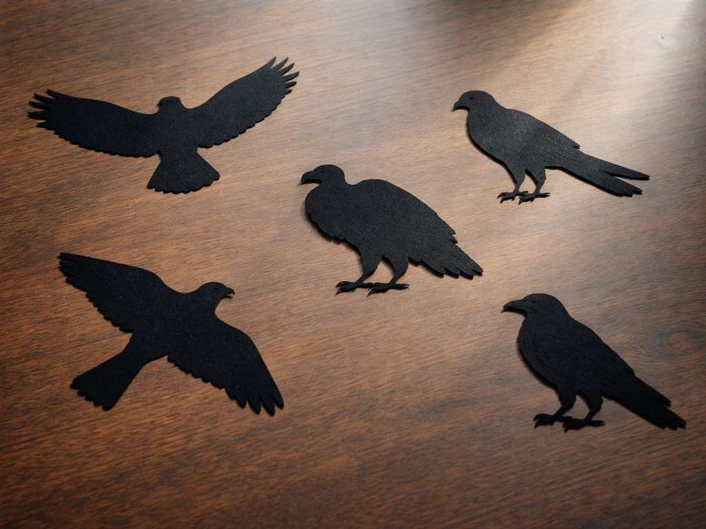 Five matte bird silhouette cutouts (eagle, hawk, falcon, vulture, raven) on a dark wooden table.