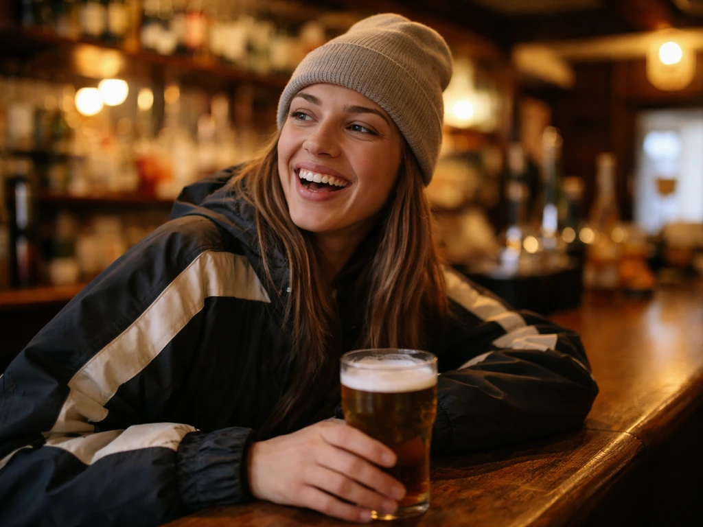 Anonymous woman in a British pub with a sporty look, leaning on a bar in a playful, laddish vibe.