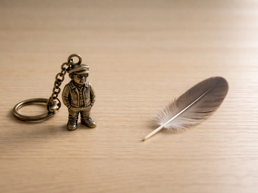 Two small items side by side: a feather and a vintage keychain, suggesting geezer and bird slang elements.