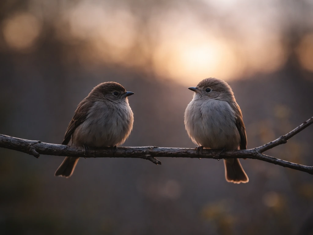 Two small birds on one branch with soft shadow and bokeh, symbolizing ambiguous gender meaning