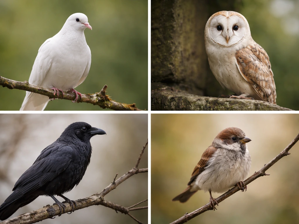 Minimal collage of four birds—dove, owl, raven, sparrow—suggesting freedom and independence symbolism.