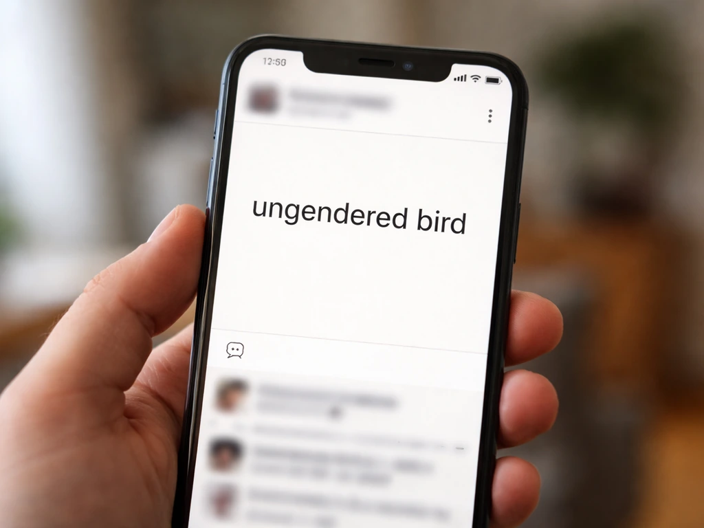 Close-up of a smartphone displaying a meme-style post mentioning “ungendered bird,” with blurred handle.