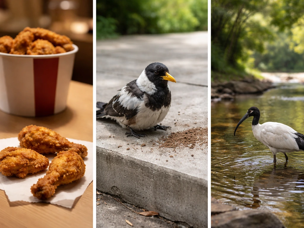 Triptych of three scenes: fried chicken takeaway on a table, a messy bird prop on concrete, and an ibis by shallow water