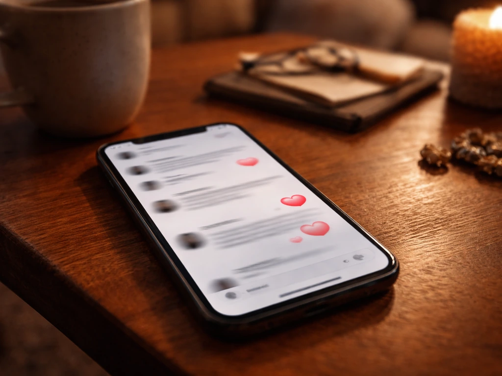Smartphone on a coffee table showing blurred chat reactions that suggest flirtatious conversation.